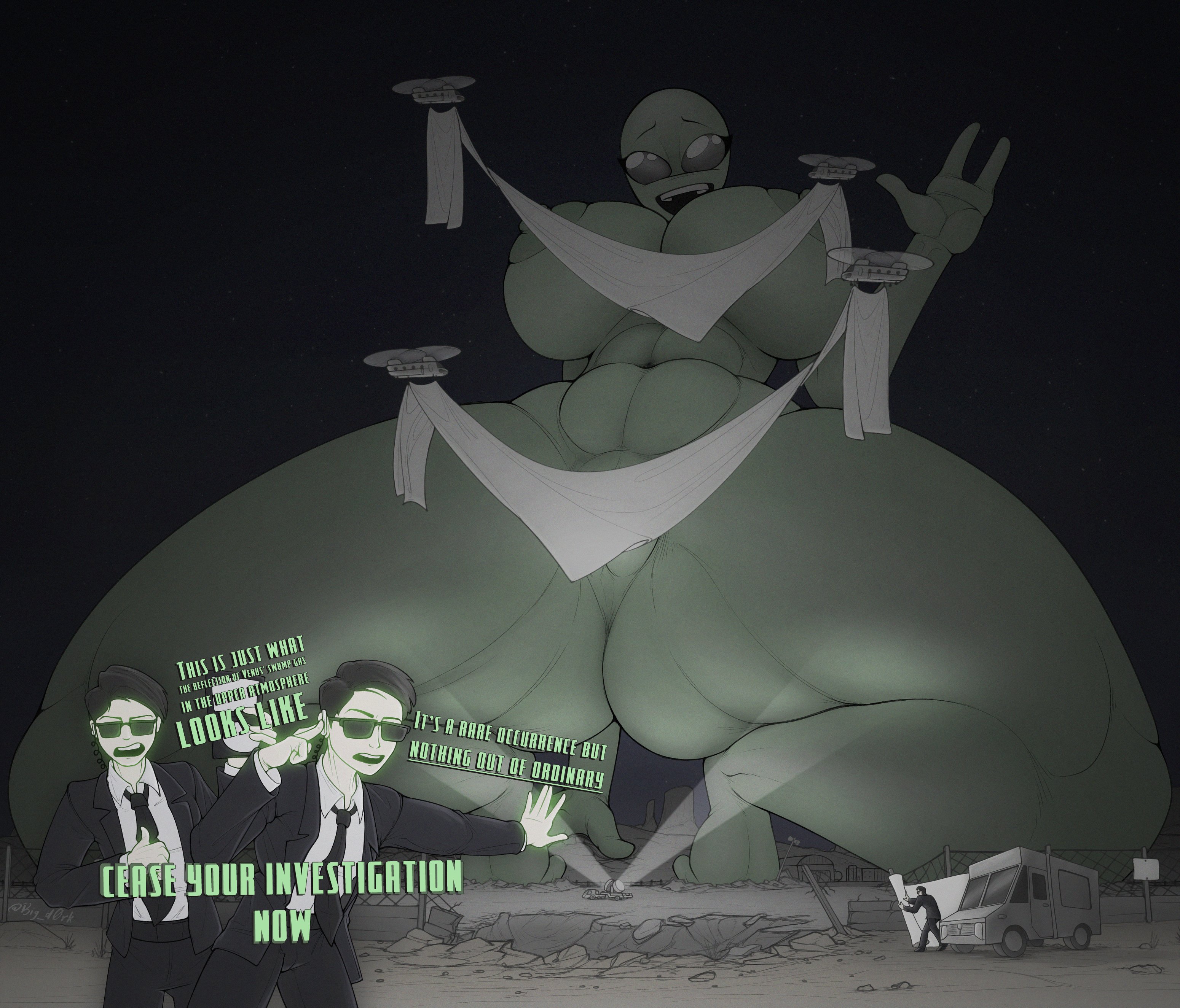 1girls, abs, alien, alien girl, alien humanoid, bald, bald female, big breasts, big d0rk, breasts, female, female focus, friendly, giant female, giant woman, giantess, green skin, green skinned female, grey alien, huge boobs, huge breasts, roswell grey, squatting, waving