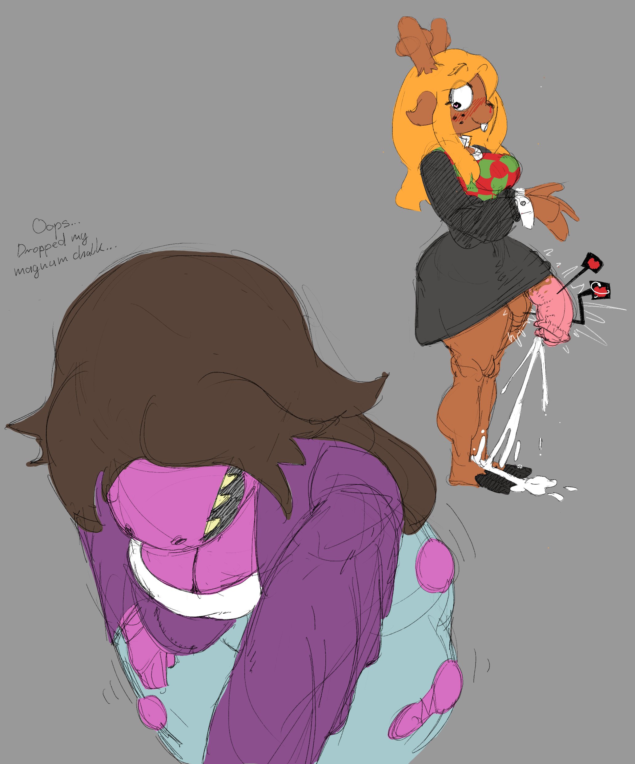 1futa, anthro, big penis, boob window, breasts, casual, casual cumshot, casual erection, checkerd, clothed, cumming, deer girl, deltarune, dressed, equine, female, futanari, hard on, horns, horny, horsecock, intersex, noelle holiday, penis, penis under skirt, precum, skirt, susie (deltarune)