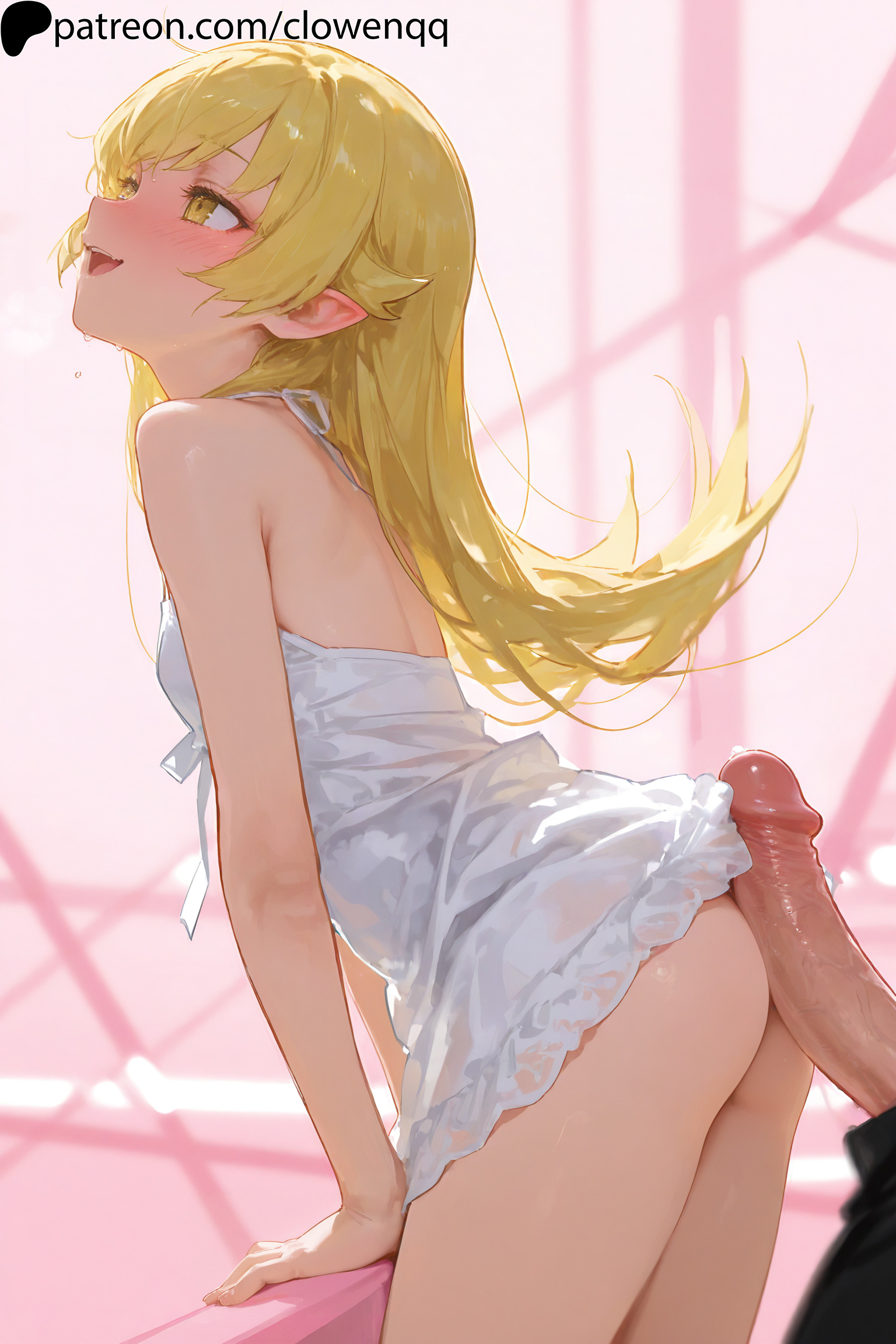 1boy, 1girls, ai generated, ass, blonde hair, blush, clowenqq, dress, female, female focus, from side, imminent penetration, imminent sex, long hair, male, male/female, monogatari (series), no panties, open mouth, oshino shinobu, penis, penis on ass, smile, stable diffusion, standing, thighs, uncensored, yellow eyes