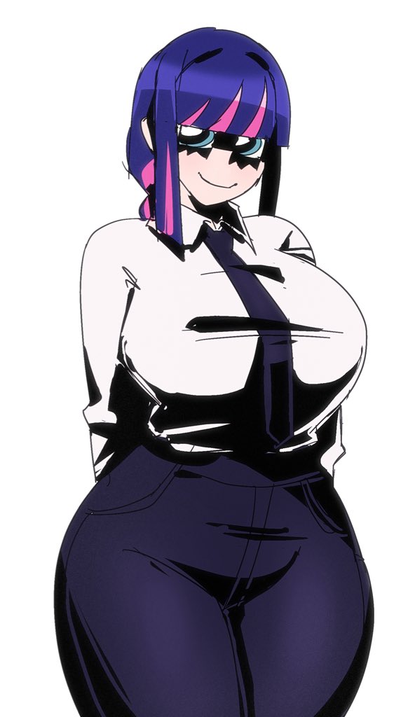 big_breasts breasts female makima_(chainsaw_man)_(cosplay) multicolored_hair panty_&_stocking_with_garterbelt stocking_anarchy suit suit_and_tie thick_thighs