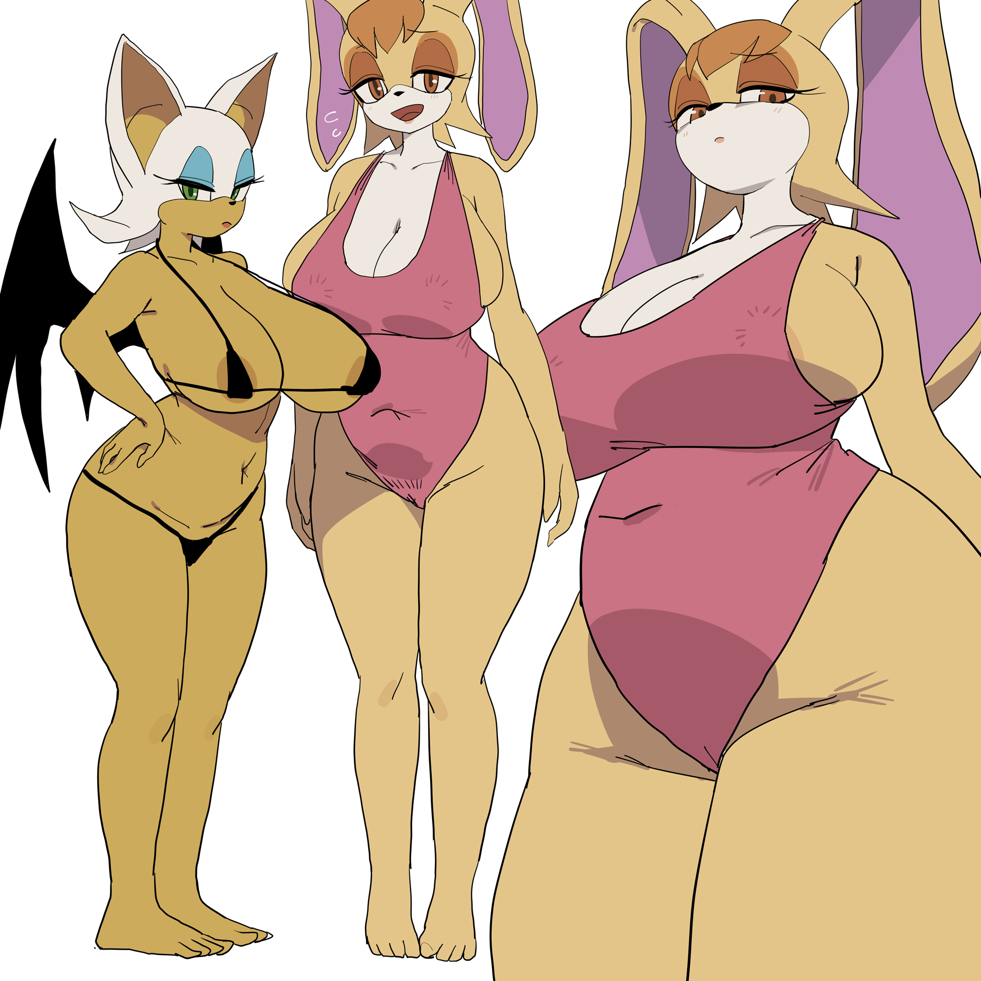 2girls, anthro, armpits, bat, bikini, blue eyes, breasts, chubby, female, floppy ears, furry, hips, huge breasts, leotard, rabbit, rabbit ears, rabbit humanoid, rouge the bat, seductive, sega, short hair, sonic (series), standing, swimsuit, tan, tan-skinned female, tanned skin, thick thighs, thighs, vanilla the rabbit, voluptuous, wide hips, yuta agc