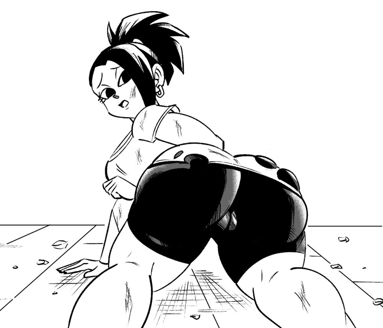 1girls, ass, bike shorts, bubble, bubble ass, bubble butt, dragon ball, dragon ball super, female, female only, funsexydragonball, kale, looking back, monochrome, ripped clothing, shounen jump, solo, thick ass
