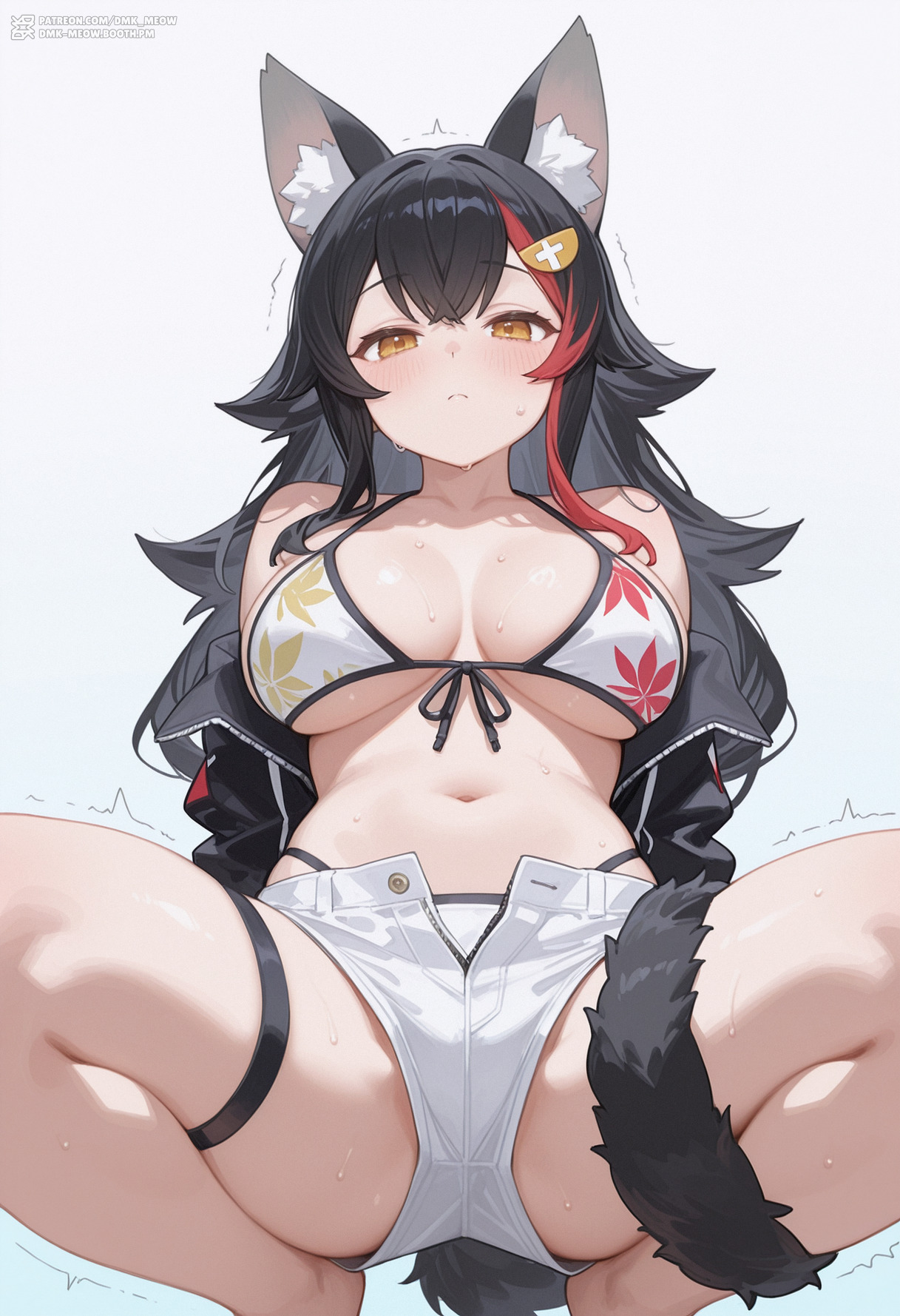 ai generated, animal ear fluff, animal ears, bare shoulders, barefoot, bikini, bikini under clothes, black hair, black jacket, blush, breasts, breasts apart, closed mouth, clothing, collarbone, crossed bangs, dmk meow, female, flipped hair, front-tie bikini top, front-tie top, hair ornament, hairclip, halterneck, hololive, hololive gamers, hololive japan, jacket, large breasts, leaf print, long hair, looking at viewer, maple leaf print, mio channel, multicolored hair, navel, no shirt, off shoulder, official alternate costume, ookami mio, open clothes, open fly, open jacket, open shorts, orange eyes, print bikini, red hair, short shorts, shorts, sitting, solo, spread legs, squatting, stomach, streaked hair, string bikini, sweat, swimsuit, tail, tail around own leg, tail wrap, thigh strap, thighs, trembling, underboob, very long hair, virtual youtuber, white bikini, white shorts, wolf ears, wolf girl, wolf tail, yellow eyes