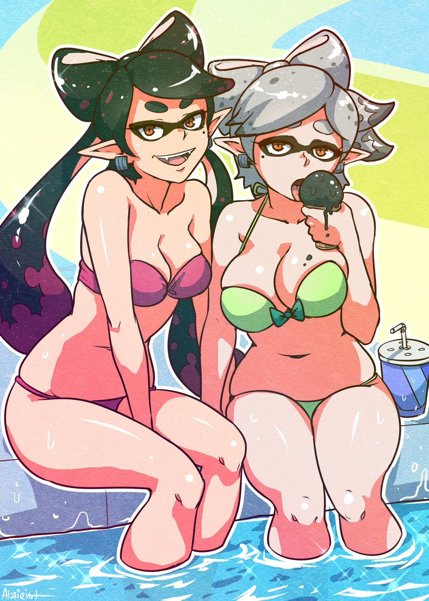 2girls, akairiot, beauty mark, bikini, black hair, breasts, brown eyes, callie (splatoon), cephalopod, cleavage, clothing, cousins, curvy, earrings, fangs, female, game controller, grey hair, ice cream, inkling, large breasts, licking, marie (splatoon), mask, medium breasts, mole, navel, nintendo, open mouth, pale skin, partially submerged, pointy ears, pool, short hair, sitting, smile, splatoon, splatoon (series), squid sisters, squid sisters (splatoon), straight hair, swimwear, tied hair, tongue, tongue out, twintails