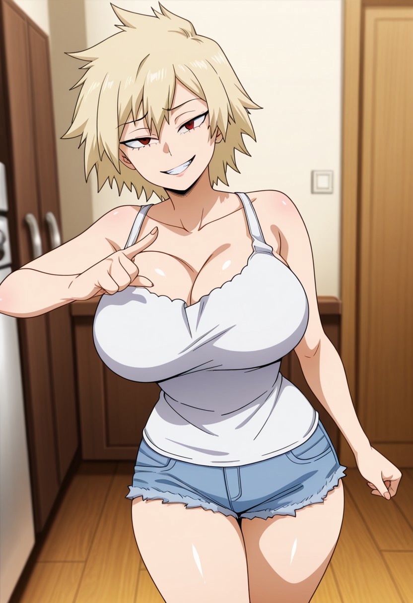 ai generated, big breasts, blonde hair, breasts, confused, cowboy shot, female, grin, jean shorts, lamin ai, looking at viewer, milf, mitsuki bakugou, my hero academia, red eyes, sfw, standing, tank top, thick thighs, thin waist