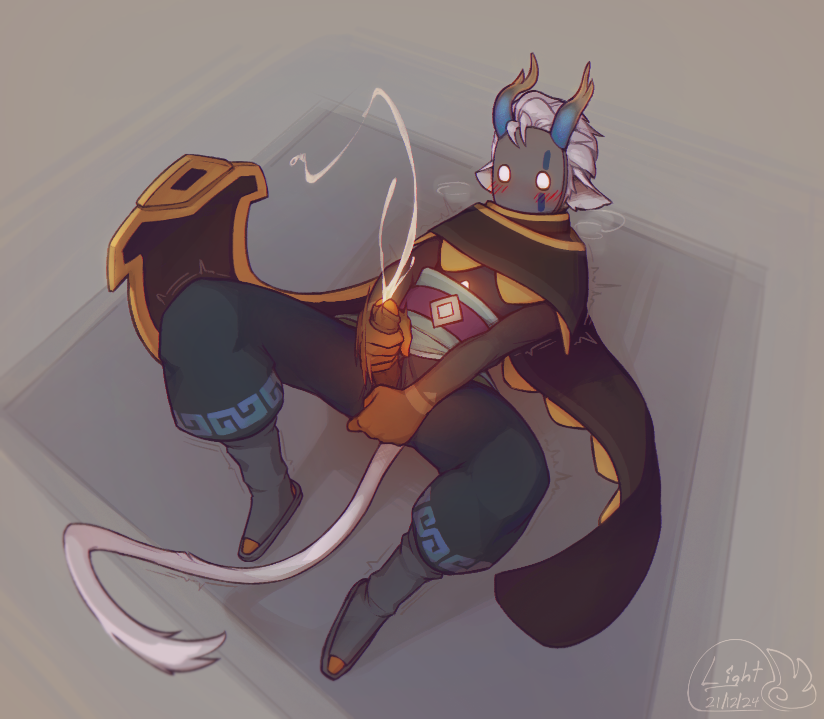1boy, 2024, antlers, arm tattoo, belt, blush, blush lines, bodily fluids, clothed, clothing, cum, dark body, ejaculation, featureless feet, gay, genital fluids, genitals, glowing, glowing body, glowing eyes, glowing hands, hair, hi res, horn, humanoid, lightwing01, lying, male, mask, masturbation, on back, penis, penis poking out, penis through clothing, scarf, simple background, sky children of the light, sky: children of the light, solo, tail, tattoo, thatgamecompany, white hair, wrist tattoo