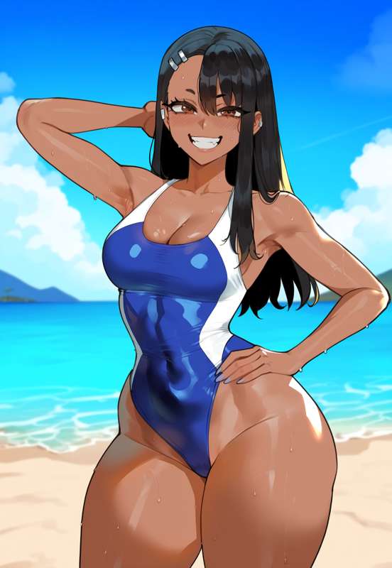 1girls, ai generated, beach, black hair, breasts, brown eyes, creamy ai, female, hair, hayase nagatoro, medium breasts, please don't bully me, nagatoro, smile, solo, solo female, swimsuit, thick thighs, thighs