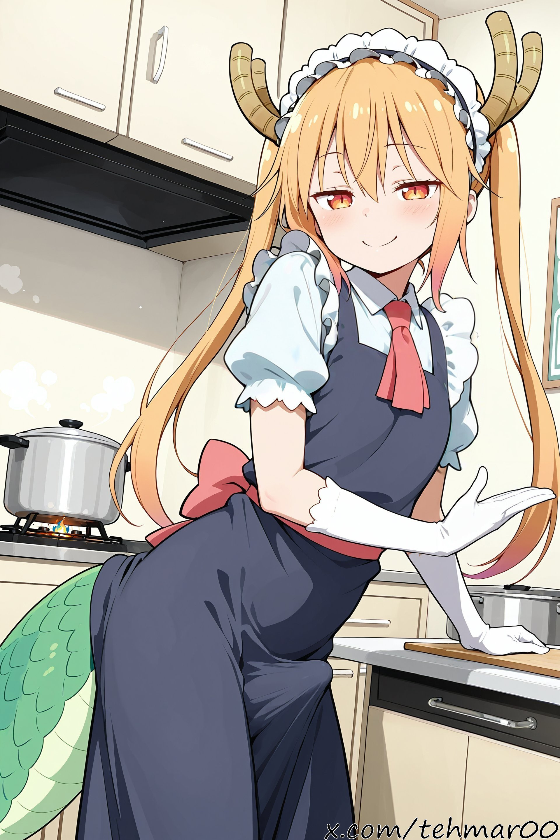 1boy, ai generated, blonde hair, blush, dragon horns, dragon tail, dress, femboy, genderswap (ftm), gloves, horns, indoors, kitchen, large tail, long hair, looking at viewer, maid, maid headdress, male, male only, miss kobayashi's dragon maid, orange eyes, puffy short sleeves, puffy sleeves, red bow, rule 63, short sleeves, slit pupils, smile, solo, standing, tagme, tail, tehmar, tohru (dragon maid), trans woman, transfem, trap, twintails, white gloves