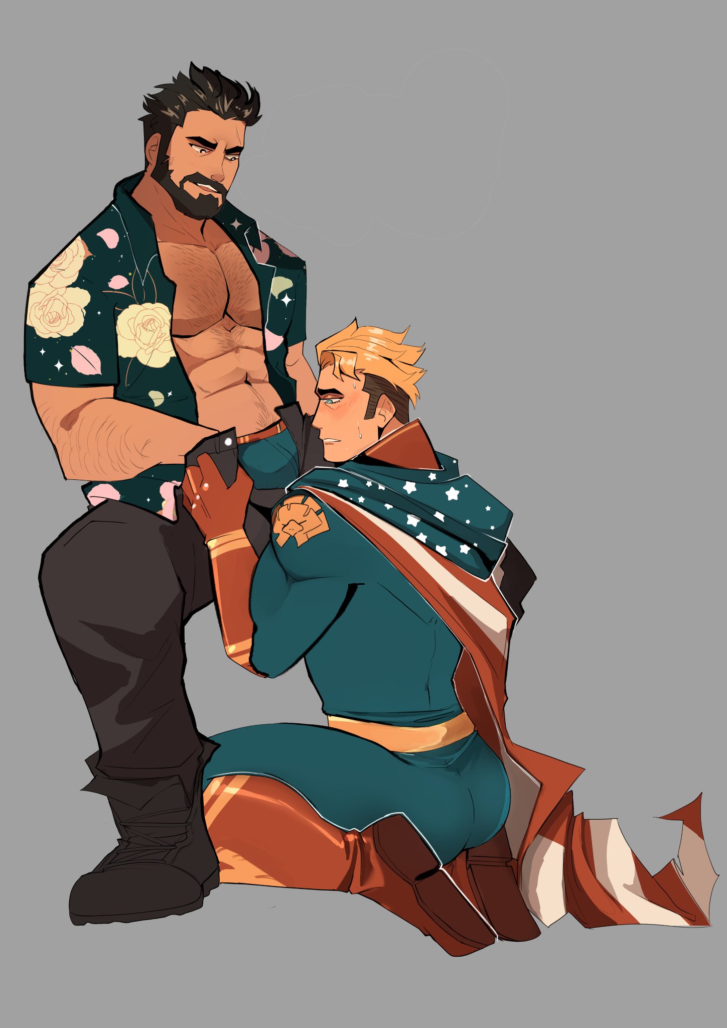billy butcher, blonde hair, gay, homelander, inminent blowjob, male, male only, muscular, muscular male, starfishdrawz, the boys, unzipped
