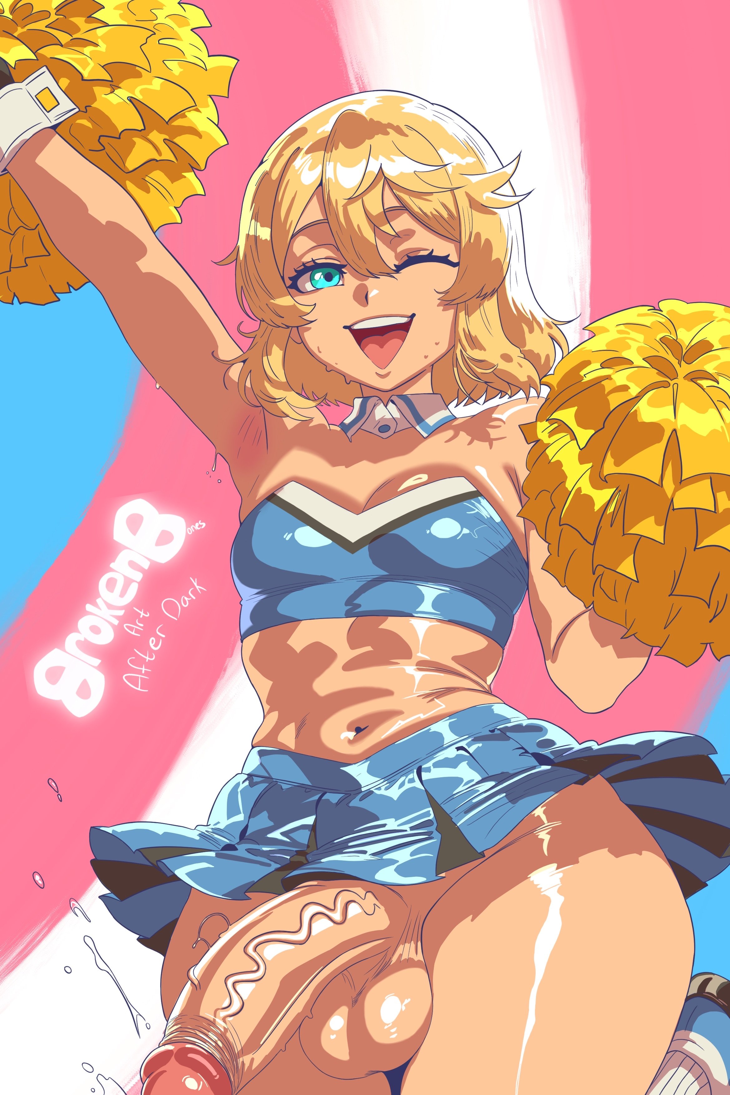 1futa, balls, big penis, blonde hair, blue eyes, boobs, bottomless, bottomless skirt, breasts, bridget, brokenbonesad, cheerleader, cheerleader uniform, futa, futa focus, futa only, futanari, guilty gear, guilty gear strive, huge cock, human, human only, intersex, mammal, no panties, one eye closed, penis, shiny skin, short hair, skirt, small breasts, smooth penis, solo, solo focus, solo futa, sweat, sweatdrop, sweaty, sweaty body, testicles, thick, thick thighs, trans, trans woman, transfem, transgender, transgender pride colors, transgender woman, veiny penis