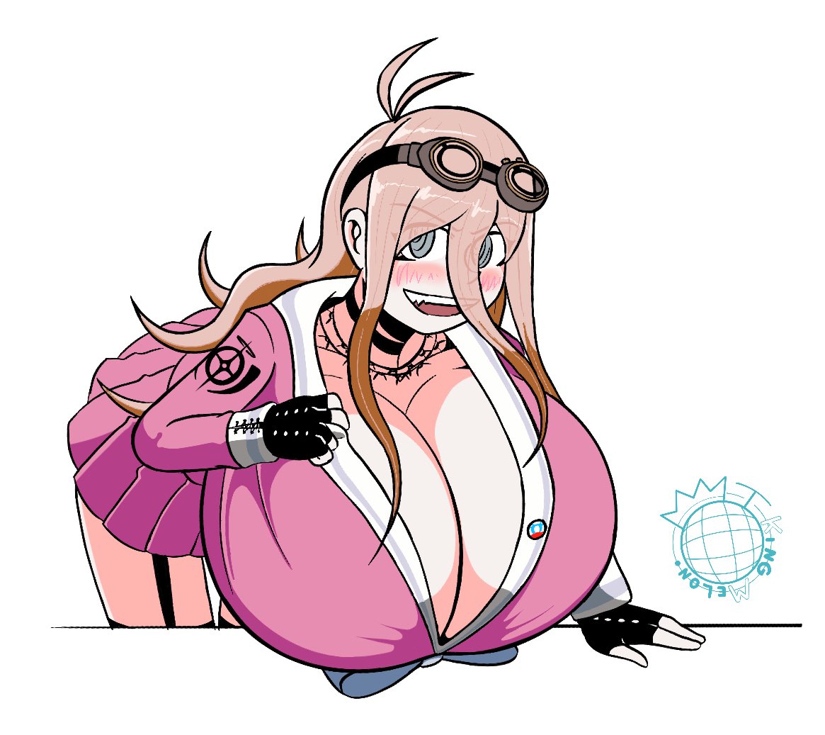 1girls, ahoge, big breasts, blonde hair, blue eyes, blush, bow, breasts bigger than head, cleavage, danganronpa, danganronpa v3, female only, fingerless gloves, garter straps, gloves, goggles, goggles on forehead, hair between eyes, hanging breasts, huge breasts, iruma miu, kingmelon, large breasts, leaning forward, massive breasts, nervous smile, school uniform, schoolgirl, serafuku, short skirt, smile, solo female, solo focus, wavy hair, white skin