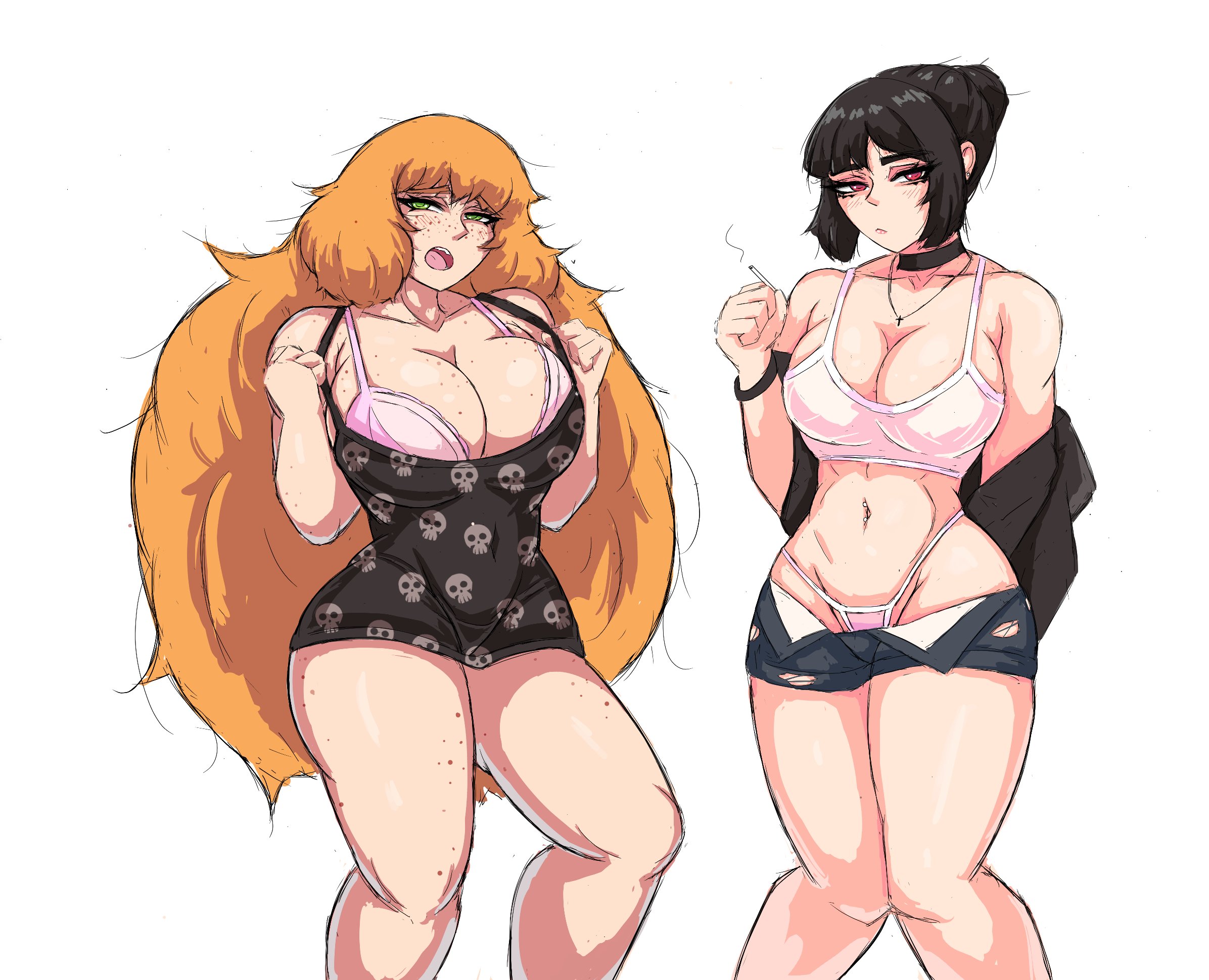 2girls, big breasts, black hair, breasts, female, green eyes, huge breasts, ishmael (limbus company), limbus company, littleteze, orange hair, project moon, red eyes, ryoshu (limbus company), tagme
