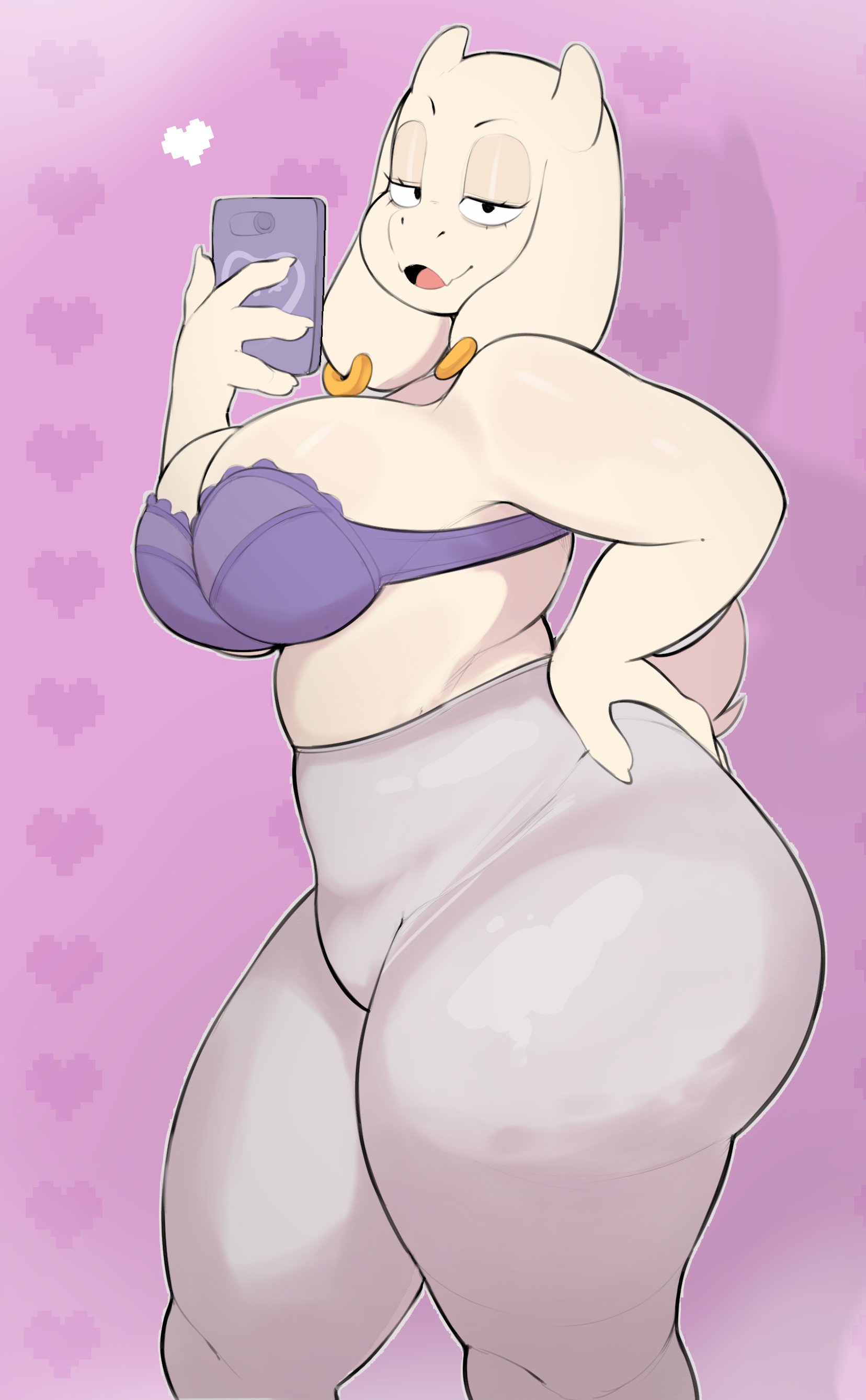 1girls, anthro, big breasts, bra, breasts, cellphone, deltarune, female, female focus, female only, fur, furry, furry only, huge breasts, humanoid, mature, mature female, milf, pants, thick thighs, toriel, undertale, undertale (series), underwear, usnarbit, white fur