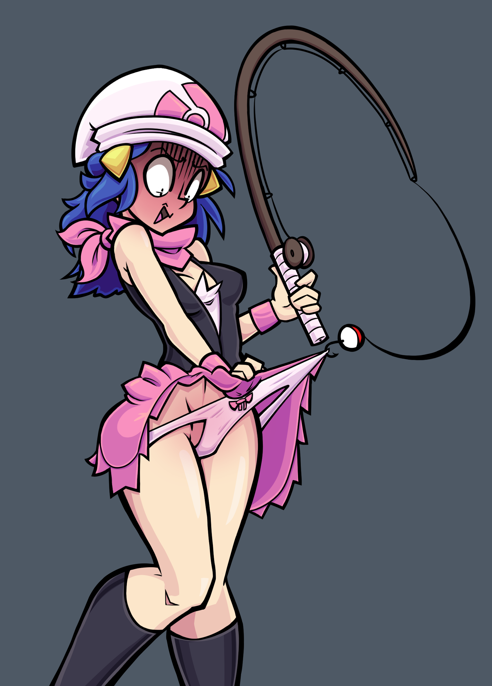 1girls, 2025, accidental exposure, beanie, black eyes, blue hair, blush, bow panties, concaerus, dawn (pokemon), embarrassed, female, fishing rod, hat, kneehighs, long hair, navel, nintendo, open mouth, panties, panty pull, pink panties, pokemon, scarf, skirt, skirt lift, sleeveless, standing, surprised, tagme, thighs, wardrobe malfunction