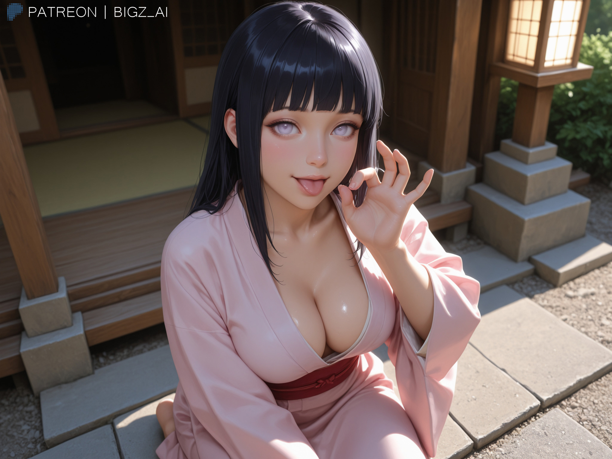 1girls, absurd res, absurdres, ai generated, before oral, before sex, big breasts, bigz ai, black hair, breasts, brown hair, clothed, clothing, fellatio, fellatio gesture, female, female focus, female only, highres, huge breasts, hyuuga hinata, kimono, kneeling, large breasts, light skin, light-skinned female, naruto, naruto (series), naruto shippuden, pose, posing, solo, tongue, tongue out, unzipped