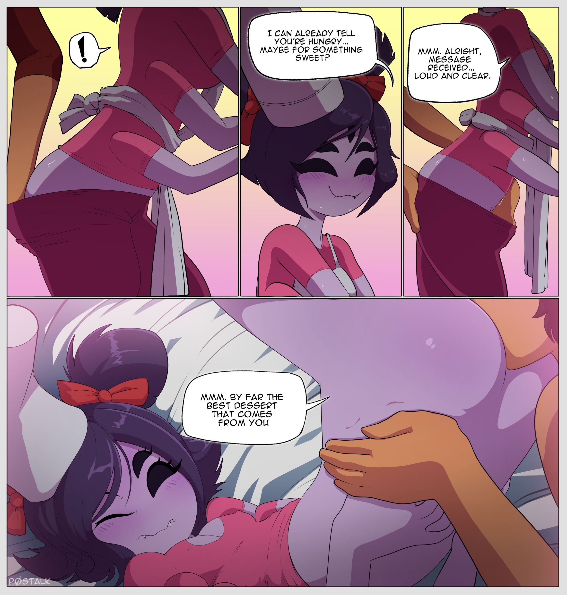 !, 5 eyes, anon, apron, ass, blush, chef hat, clothing, comic, comic panel, dialogue, eating pussy, fangs, female, hand on ass, hand on butt, hand on pussy, monster girl, muffet, multi eye, nipple bulge, no visible genitalia, p0stalk, page 1, pussy, shirt, smile, spider girl, sweat, the best dessert, undertale, undertale (series), watermark