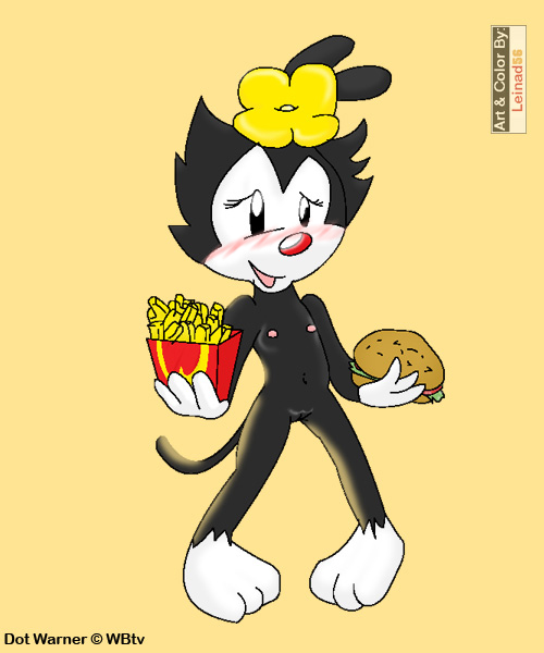 animaniacs black_fur blush burger clothing dot_warner fast_food female flower food fries fur gloves hair_flower leinad56 mammal nude parody plant pussy simple_background smile solo standing text warner_brothers