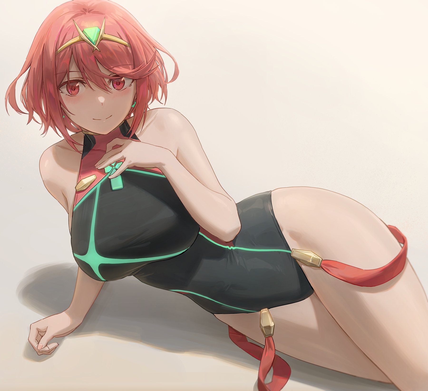 1girls, big breasts, breasts, cleavage, female, female only, large breasts, looking at viewer, one-piece swimsuit, pyra, solo, swimsuit, thick thighs, wide hips, xenoblade (series), xenoblade chronicles 2, yohan1754