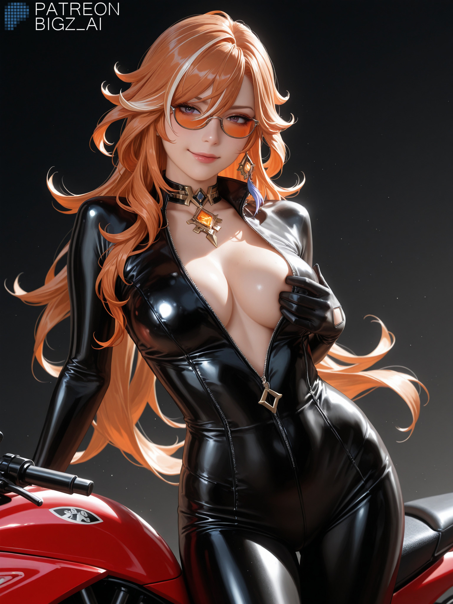 1girls, absurd res, absurdres, ai generated, ass, big ass, big breasts, big butt, bigz ai, bodysuit, breasts, choker, clothed, clothing, female, female focus, female only, genshin impact, glasses, hoyoverse, huge ass, huge breasts, large ass, large breasts, light skin, light-skinned female, mavuika (genshin impact), mihoyo, motorcycle, necklace, pose, posing, red hair, smile, solo, sunglasses, tinted eyewear, unzipped, unzipped bodysuit
