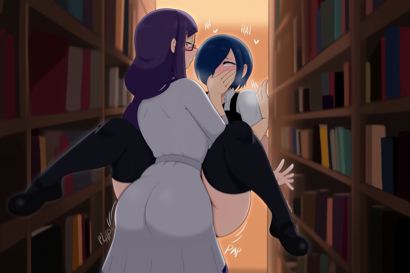 1futa, 1girls, ai generated, blue hair, blush, female, futa on female, futanari, hair over one eye, implied futa, implied sex, indoors, intersex, kamishiro rize, kirishima touka, library, light skin, light-skinned female, light-skinned futa, lovelyzen, purple hair, tokyo ghoul