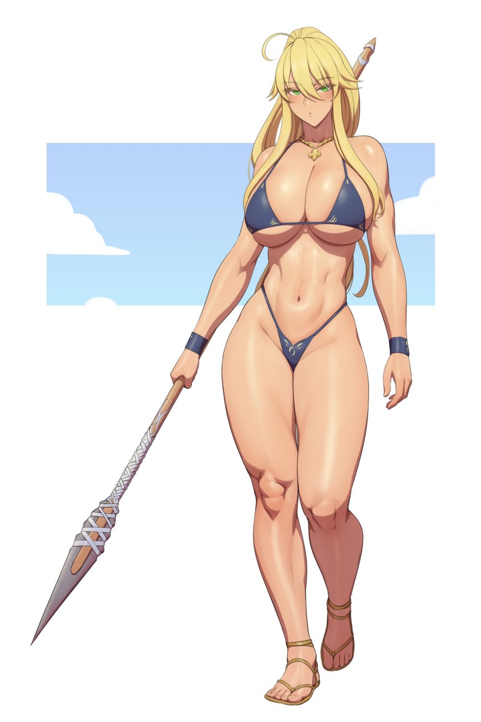 1girls, ahoge, artoria pendragon, artoria pendragon (all), artoria pendragon (lancer), bikini, blonde hair, blue bikini, breasts, cleavage, fate (series), fate/grand order, female, female only, full body, green eyes, hair between eyes, huge breasts, jewelry, large breasts, light-skinned female, long hair, lvl (sentrythe2310), navel, necklace, polearm, solo, spear, swimsuit, tan, tanline, toned, weapon