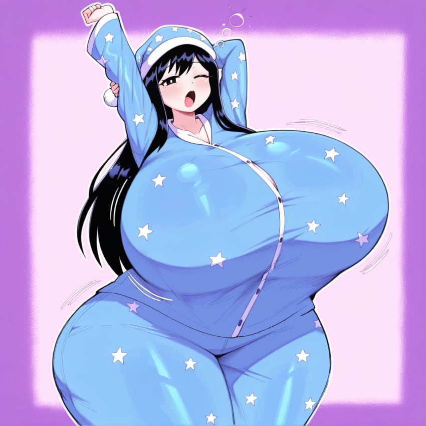 1girls, ai generated, artist request, aubrey (omori), black hair, breasts, curvy, female, huge breasts, looking at viewer, omori, tagme, yawning