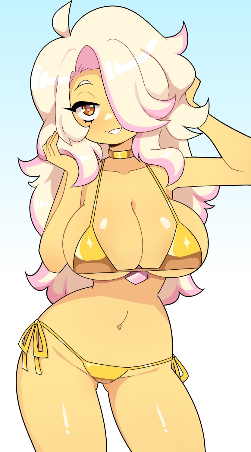 1girls, big breasts, bikini, breasts, commission, female, female only, gold bikini, golden week, hair over one eye, hi res, j5daigada, light skin, light-skinned female, long hair, looking at viewer, orange eyes, side-tie bikini, smiling, smiling at viewer, solo, white hair, wide hips