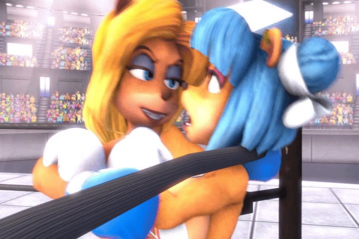 2girls animated big_breasts bikini blonde blonde_hair blue_eyes blue_hair boxing boxing_gloves boxing_ring crash_(series) ear_ring female isabella_bandicoot kissing lesbian_kiss megumi_bandicoot pink_eyes