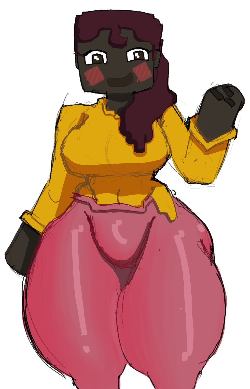 blocky, blocky anatomy, blocky arms, blocky body, blush, breasts, checkerd, female, large boobs, looking at viewer, makena (minecraft), minecraft, sweater, thick, thick thighs