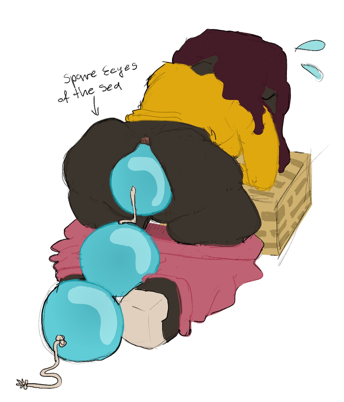 anal, anal beads, anal insertion, anal object insertion, ass, beads, blocky, blocky anatomy, blocky arms, blocky body, checkerd, clothed, dark skin, dark-skinned female, female, huge anal beads, long hair, long-haired female, makena (minecraft), minecraft, pants down, struggling, sweater, thick, thick thighs