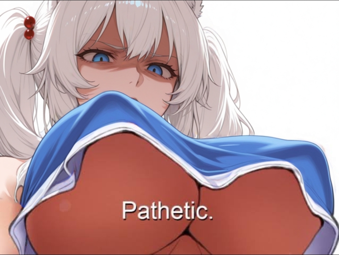 ai generated, breasts, cheerleader, disgusted, female, fox, fox girl, kirsche verstahl, large breasts, meme, pathetic, pathetic (meme), text, underboob, virtual youtuber, white hair, youtube