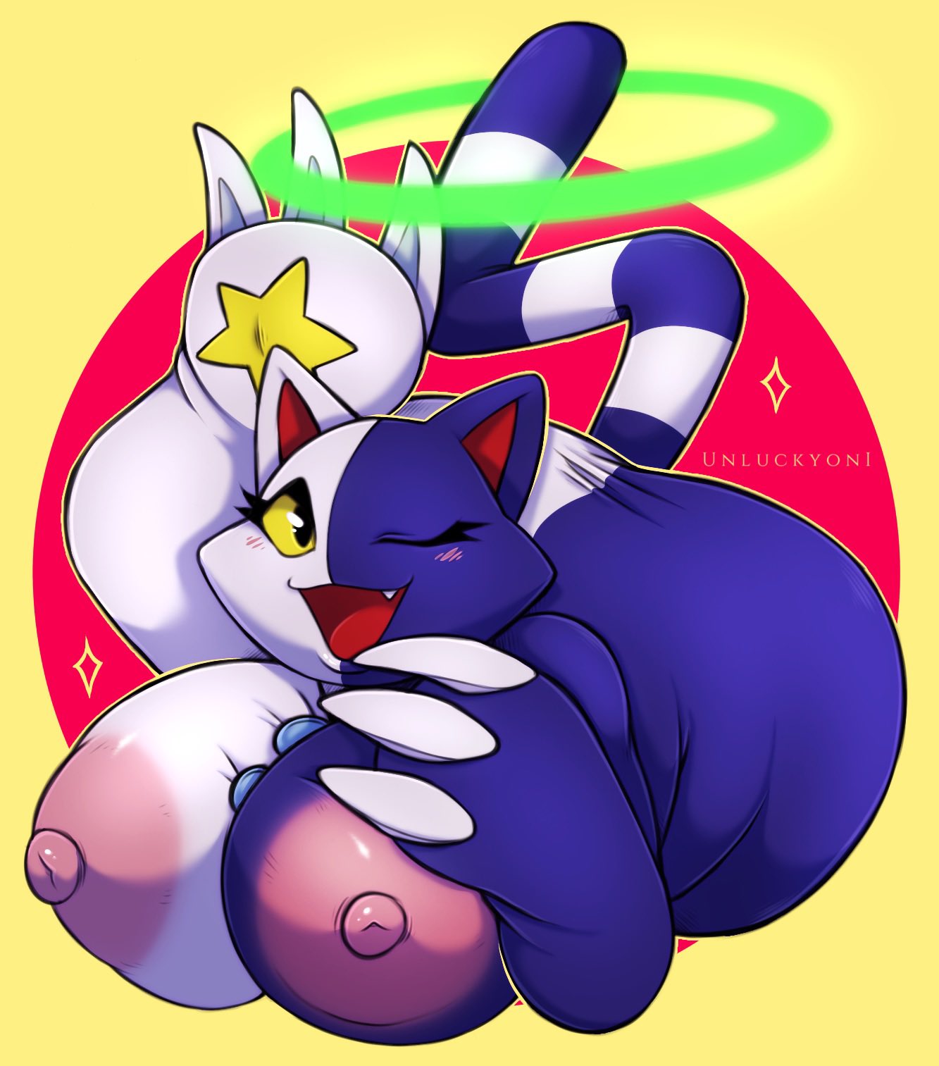 1girls 2023 3_toes anthro areolae bandai_namco big_breasts blue_body blush cat_ears clawed_fingers felid feline female female_only hi_res huge_breasts klonoa_(series) large_areolae looking_at_viewer nipples oerba_yun_fang open_mouth puffy_nipples smiling smiling_at_viewer solo tail tat_(klonoa) two_tone_body unluckyoni white_body wink winking_at_viewer yellow_eyes