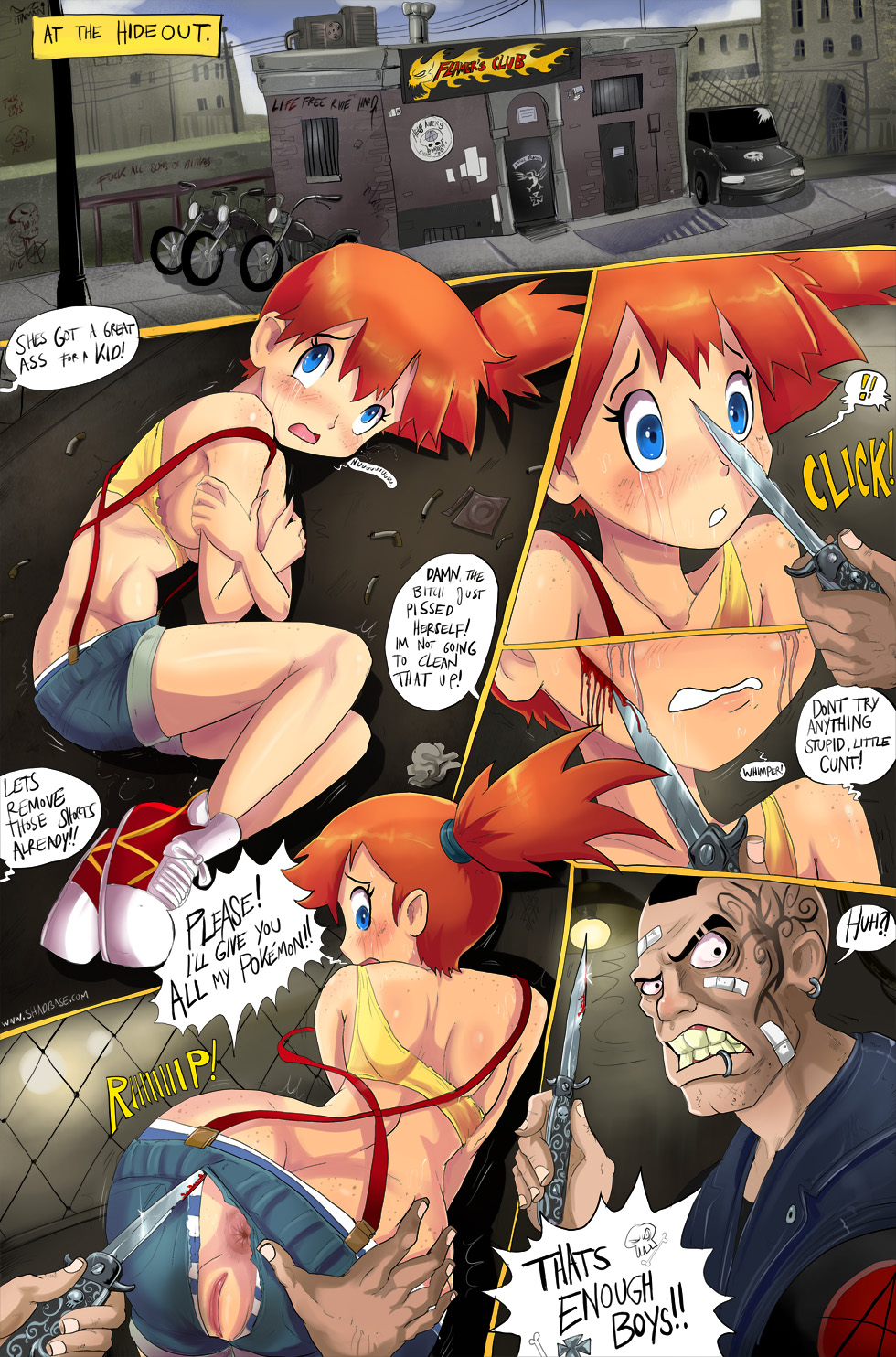 anus, blood, blue eyes, comic, dialogue, female, human, human only, imminent gangbang, imminent rape, kasumi (pokemon), knife, nintendo, orange hair, pokemon, pussy, rape, shadman, straight, text