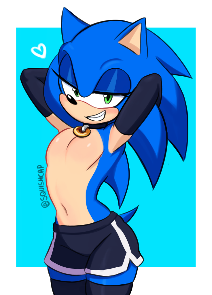 1boy anthro armpits arms_behind_head bare_chest belly_button blue_fur collar collar_ring eyelashes femboy feminine_male girly gloves green_eyes grin half-closed_eyes heart hedgehog long_gloves seductive short_shorts shorts smirk smug solo sonic_(series) sonic_the_hedgehog squishcap_(artist) stockings thighhighs thighs twitter_username