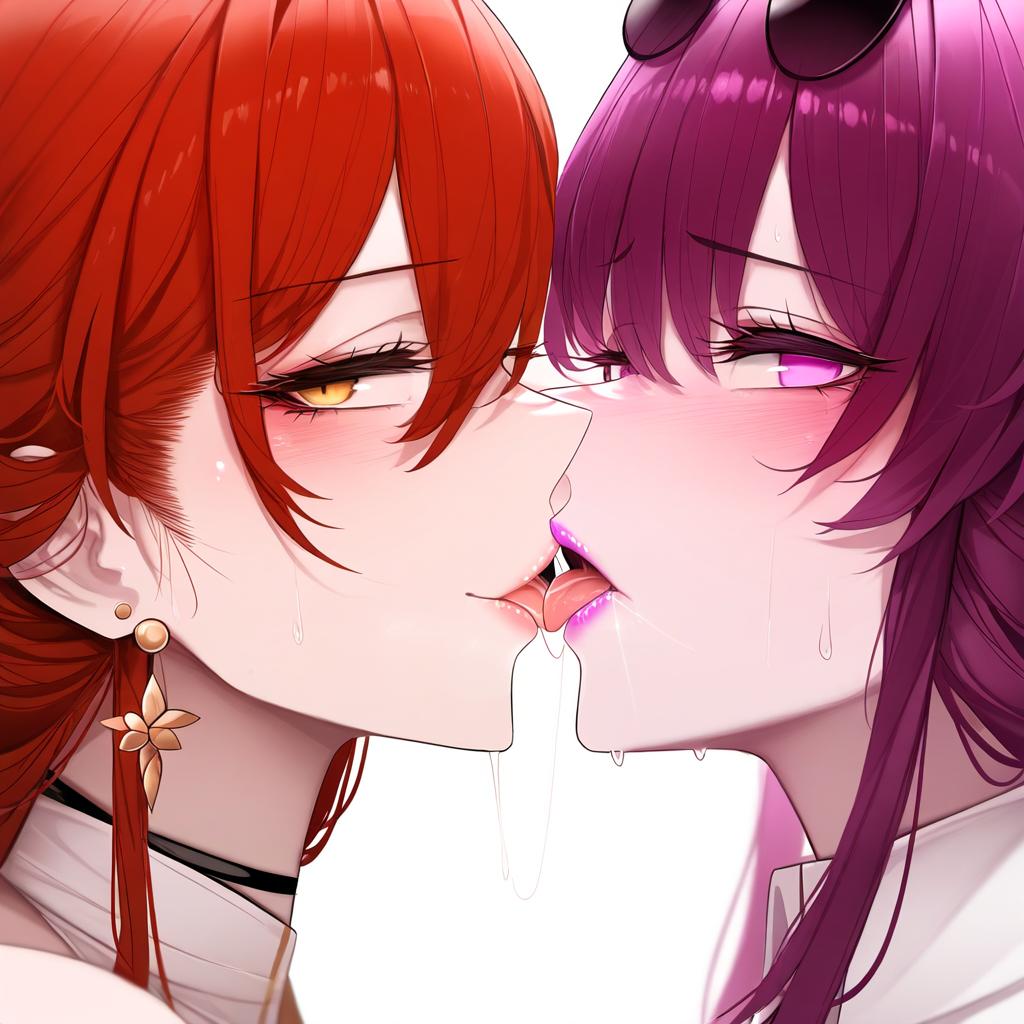 2girls ai_generated enemies_to_lovers enemies_with_benefits eyewear_on_head himeko_(honkai:_star_rail) honkai:_star_rail honkai_(series) hoyoverse kafka_(honkai:_star_rail) kissing lesbian lesbian_kiss lesbians purple_hair red_hair saliva yuri