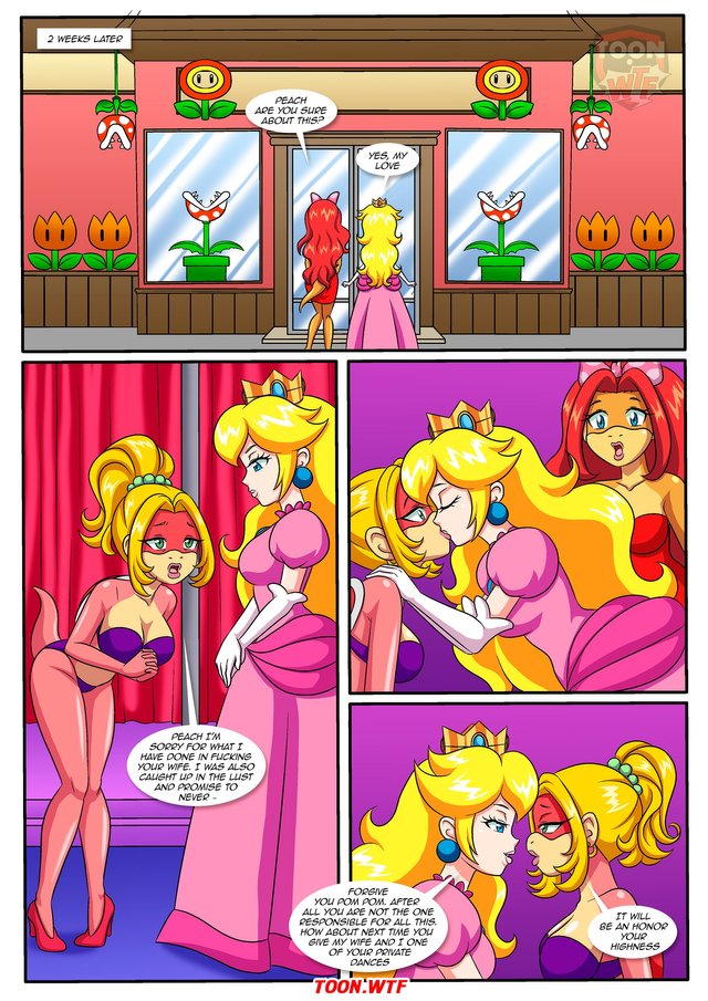 anthro bbmbbf comic female_only french_kiss hourglass_figure kissing mario_(series) orange_skin page_13 palcomix pink_dress pink_skin pom_pom_(mario) princess_peach red_bra red_dress red_panties wendy_o._koopa white_skin yuri