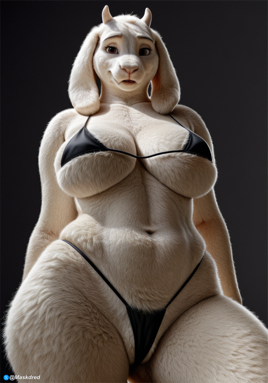 ai_generated big big_ass big_breasts bikini furry horn maskdred micro_bikini micro_thong pussy_wedgie realistic stable_diffusion toriel underboob white_fur wide_hips