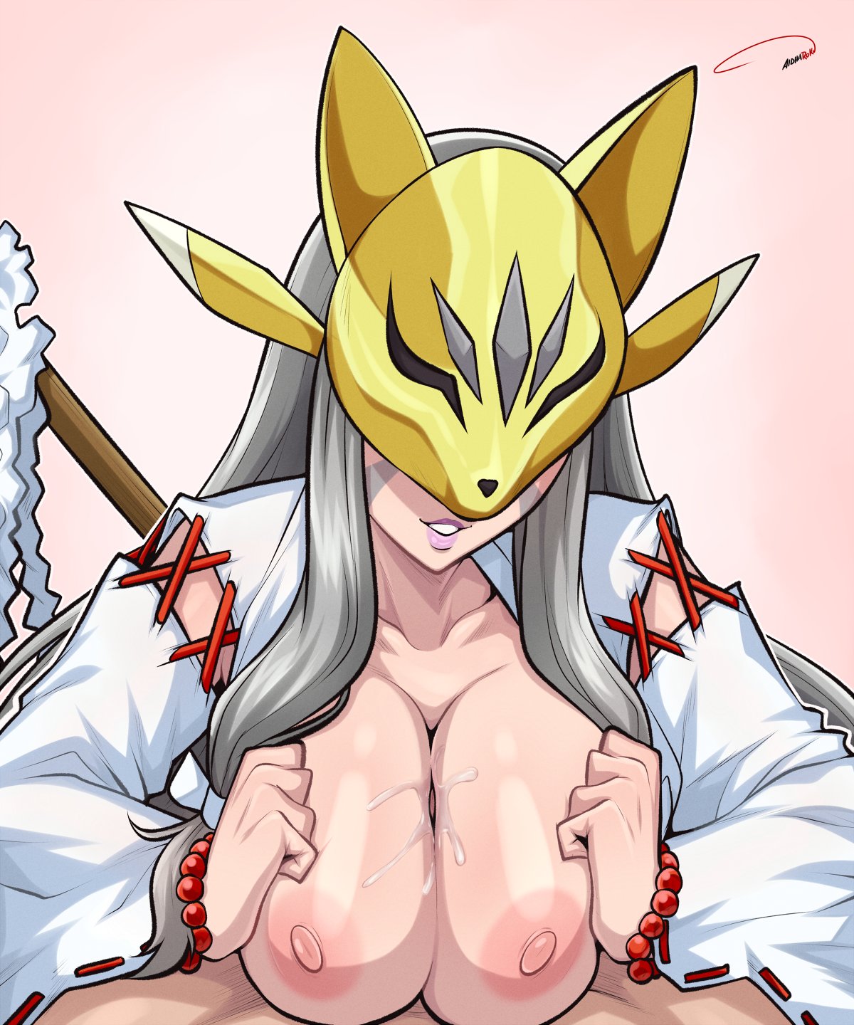 1boy 1girls 2024 aldharoku areolae big_breasts breasts breasts_pressed_together digimon digimon_(species) digiphilia female female_focus grey_hair hi_res light-skinned_female light-skinned_male light_skin long_hair male male_pov mask miko_outfit nipples paizuri penis_between_breasts pov sakuyamon sakuyamon_miko_mode titjob