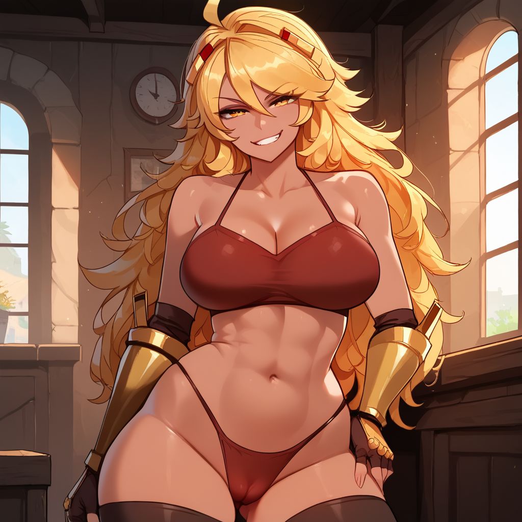 1girls abs ahoge ai_generated arm_guards bikini blaze_(minecraft) blonde_hair bra cameltoe clock gold_armwear hair_clips house indoors long_blonde_hair looking_at_viewer medium_breasts minecraft mob_talker panties red_bikini smirk smirking smirking_at_viewer solo suggestive_look tan_body thiccwithaq_(ai_style) thick_thighs thighhighs toned toned_female wide_hips window yellow_eyes