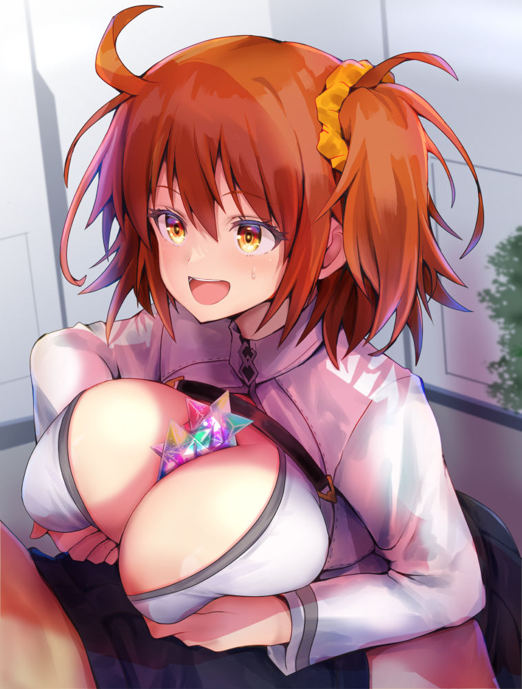 1boy ahoge asahi_(fullmetal_madness) blush breasts breasts_squeezed_together chaldea_uniform cleavage collared_shirt fate/grand_order fate_(series) female fujimaru_ritsuka_(female) hair_ornament hair_scrunchie large_breasts long_sleeves one_side_up open_mouth orange_eyes orange_hair orange_scrunchie paizuri saint_quartz_(fate) scrunchie shirt short_hair smile straight white_shirt