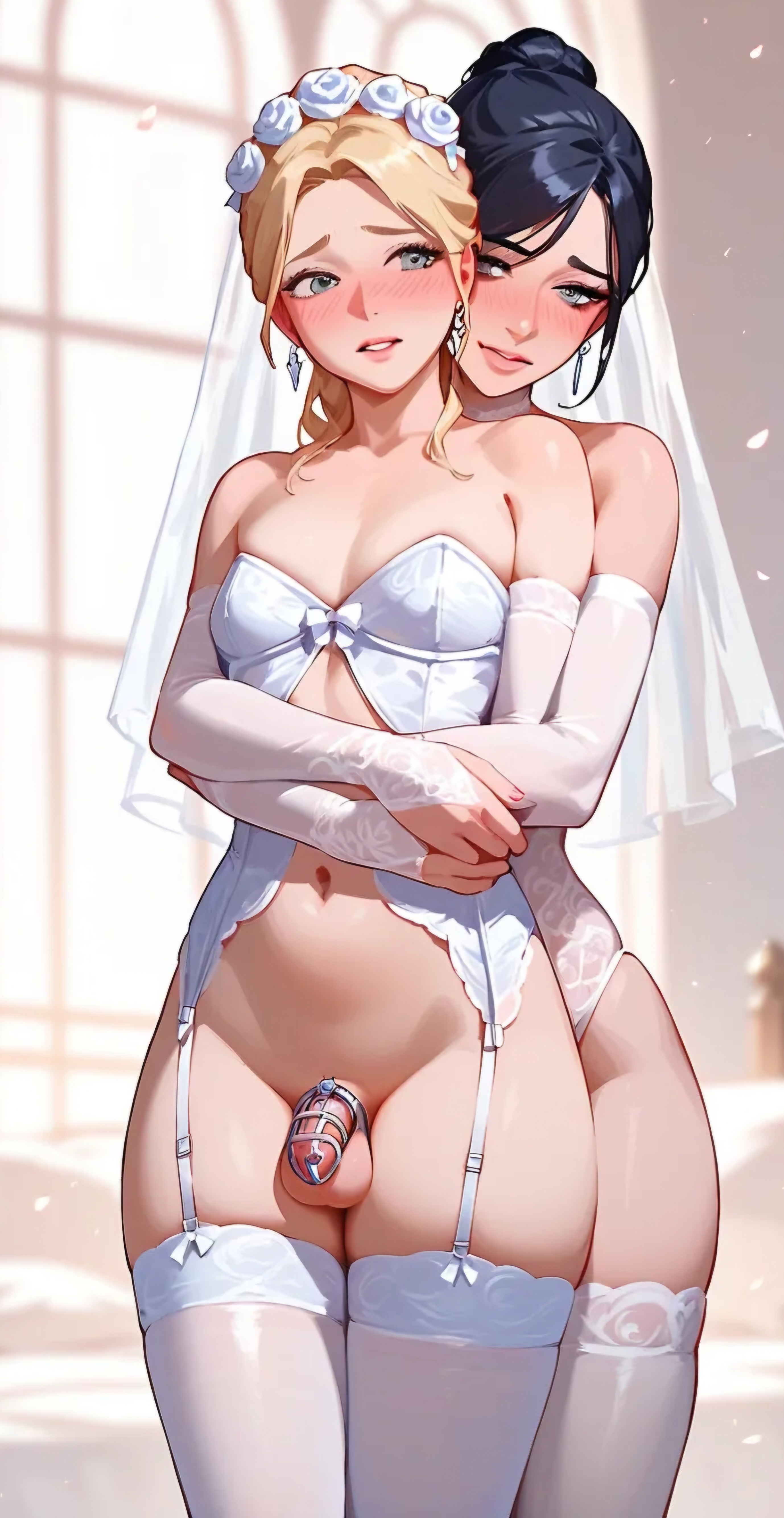 1boy, 1girls, 2d, ai generated, breasts, chastity cage, embarrassed, female, femboy, futanari, hi res, hugging from behind, intersex, male, sissy, small breasts, wedding, wedding lingerie