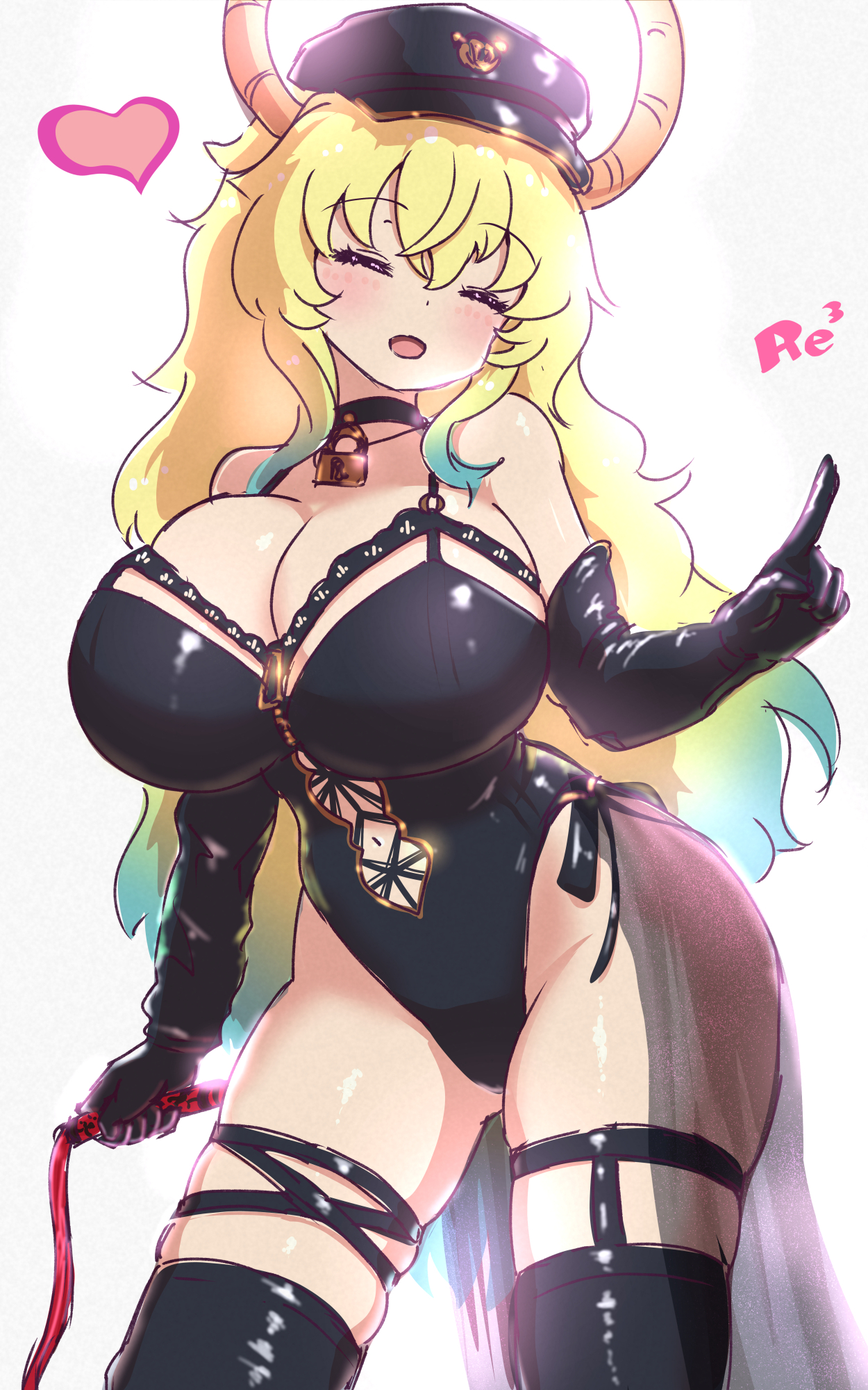 1girls, blonde hair, breasts, dominatrix, female, hat, heart symbol, horns, kobayashi-san chi no maidragon, long hair, miss kobayashi's dragon maid, multicolored hair, ozrereresan, quetzalcoatl (dragon maid), tagme, thighs, whip