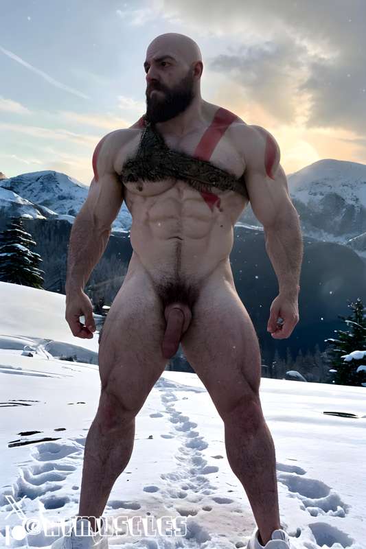 1boy ai_generated aimuscles bald bald_man bara beard big_penis chestplate completely_naked completely_nude completely_nude_male daddy dilf facial_hair god_of_war kratos large_penis looking_at_viewer male male_focus male_only mature_male muscles muscular muscular_arms muscular_ass muscular_back muscular_legs naked naked_male nature nature_background nude nude_male older_male outdoor_nudity outdoors penis public_exposure red_markings snow snowy_background