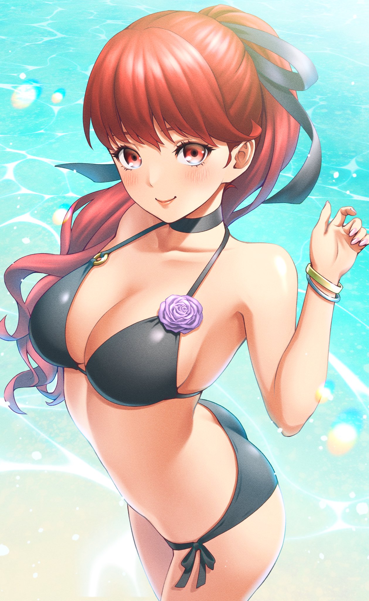 1girls, atlus, beach, bikini, blush, breasts, female, female focus, female only, kasumi yoshizawa, light skin, light-skinned female, long hair, long-haired female, looking at viewer, masatoshi 1219, megami tensei, open mouth, persona, persona 5, persona 5 royal, pinup, red eyes, red hair, red-eyed female, red-haired female, sega, solo, solo female, solo focus, sumire yoshizawa, tagme