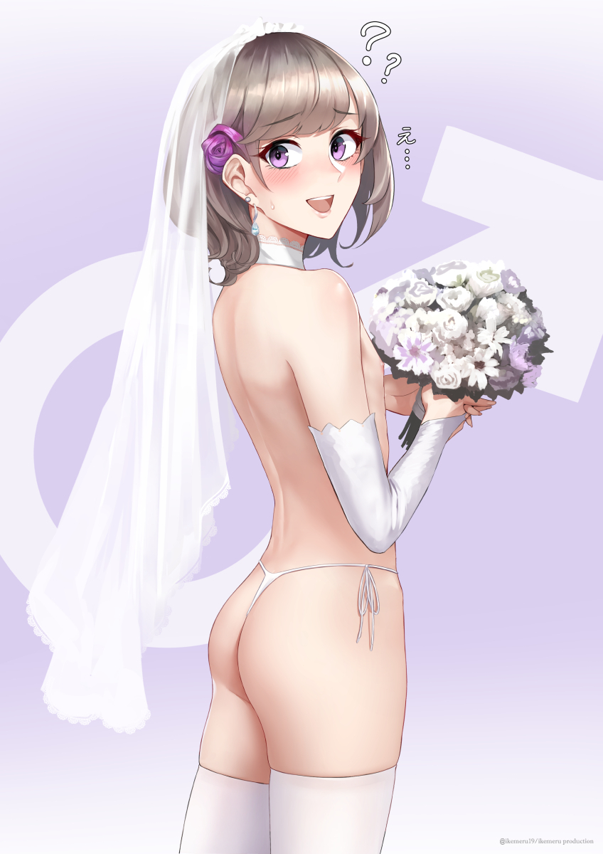 1boy 1femboy ? blush boquet bride choker cute cute_male earrings femboy femboy_focus femboy_only flower_in_hair flowers girly grey_hair ikemeru19 light_skin lingerie male male_focus male_only male_symbol original original_character purple_eyes sleeves stockings thong wife