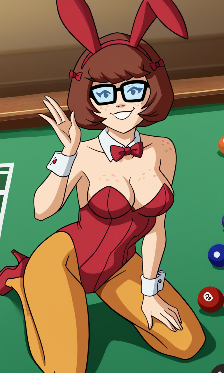 ai_generated ass bigmic145 breasts bunny_ears bunny_girl bunny_tail bunnysuit cartoon_network casino orange_pantyhose pantyhose playboy_bunny red_hair scooby-doo scooby-doo!_mystery_incorporated shoes velma_dinkley velma_dinkley_(mystery_incorporated)