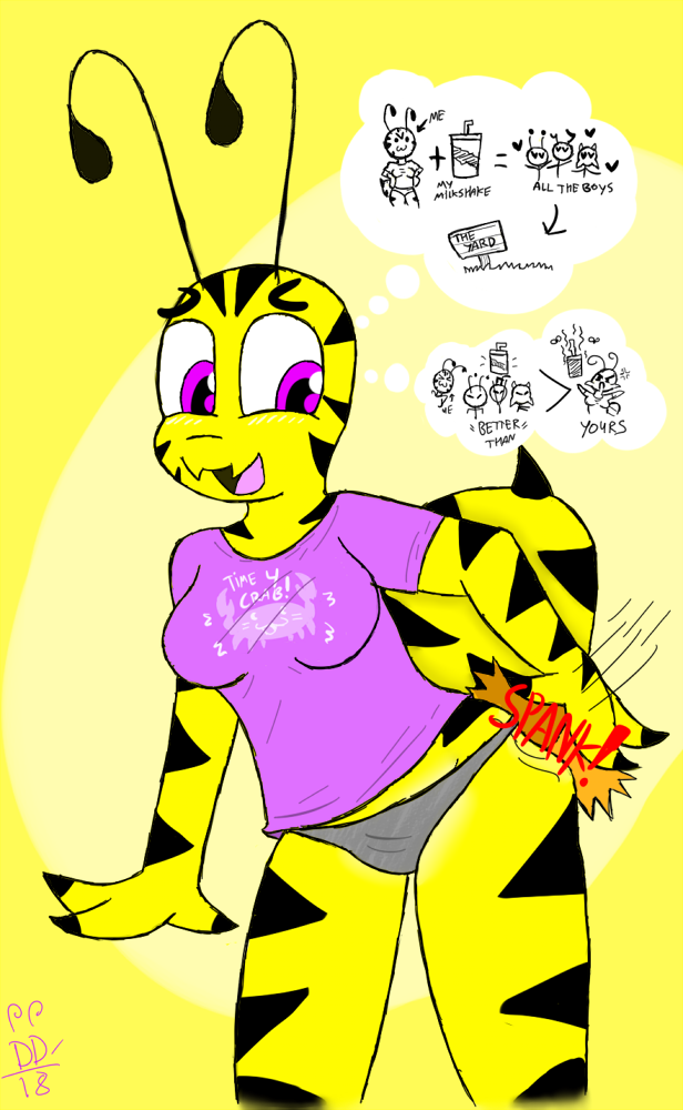 anthro arthropod bee dunwichdaddy female greta_(dunwichdaddy) insects milkshake panties pink_eyes shirt spank stinger striped_body underwear