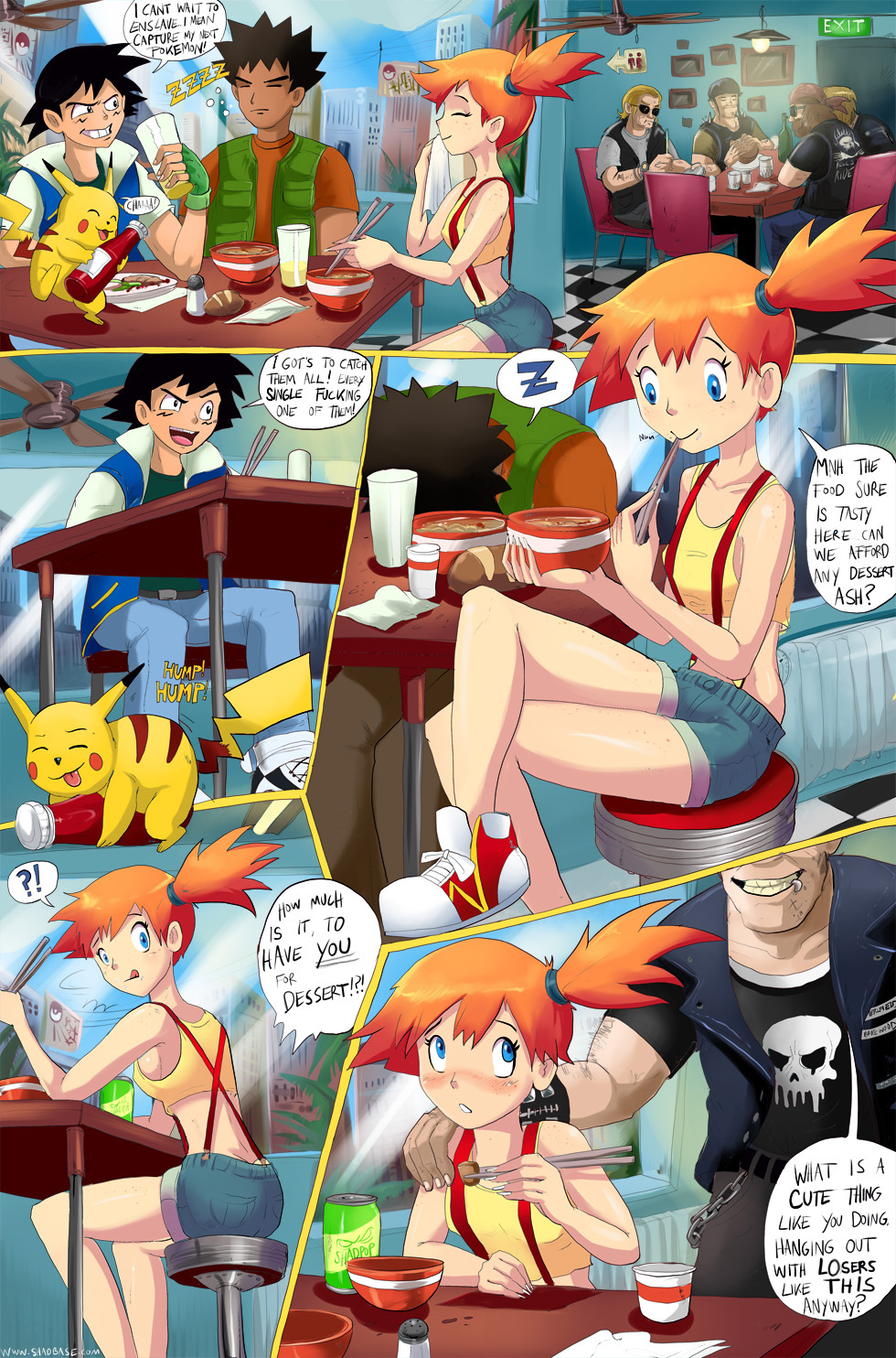 blue eyes, blush, comic, female, food, human, human only, kasumi (pokemon), nintendo, orange hair, pokemon, shadman, text