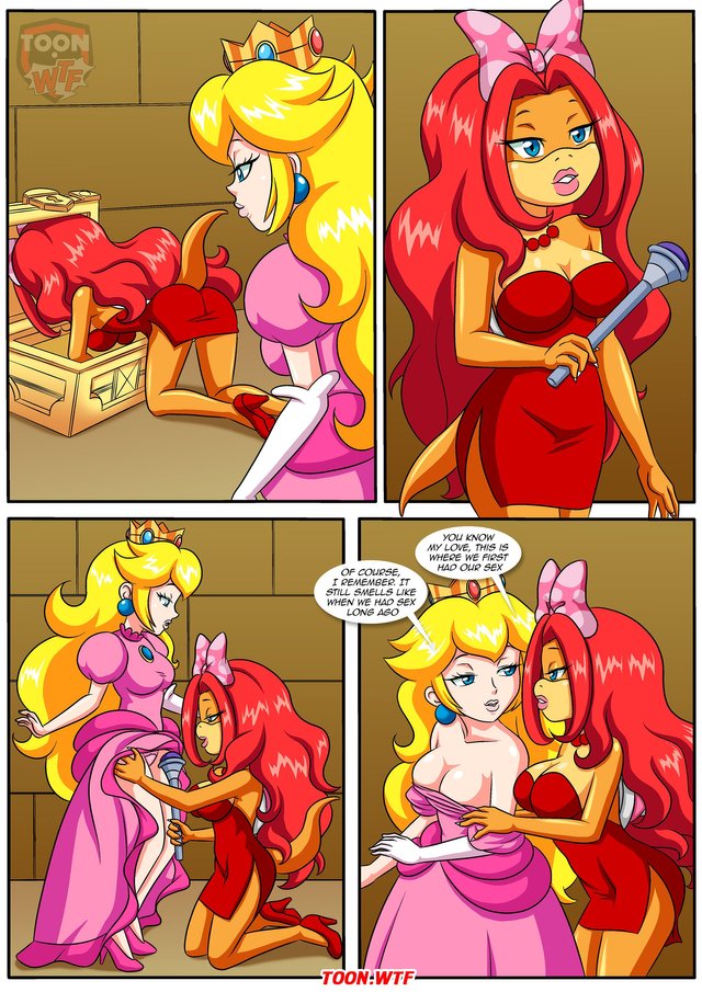 anthro bbmbbf comic dress jpeg mario_(series) page_17 palcomix pink_dress princess_dress princess_peach red_dress red_hair sex_toy undressing wand wendy_o._koopa yuri