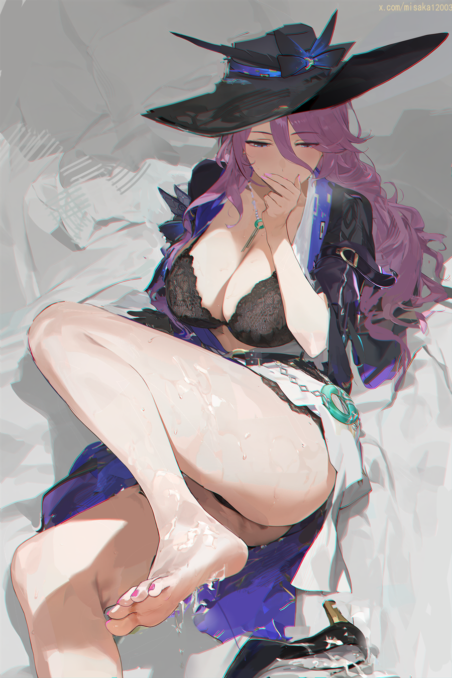 barefoot black_bra black_footwear black_hat bra breasts covering_own_mouth cum cum_on_body cum_on_feet feet female hair_between_eyes hand_over_own_mouth hat high_heels highres honkai:_star_rail honkai_(series) jade_(honkai:_star_rail) jewelry large_breasts large_hat long_hair misaka_12003-gou nail_polish necklace purple_hair purple_nails solo thighs toenail_polish toenails toes twitter_username underwear unworn_footwear